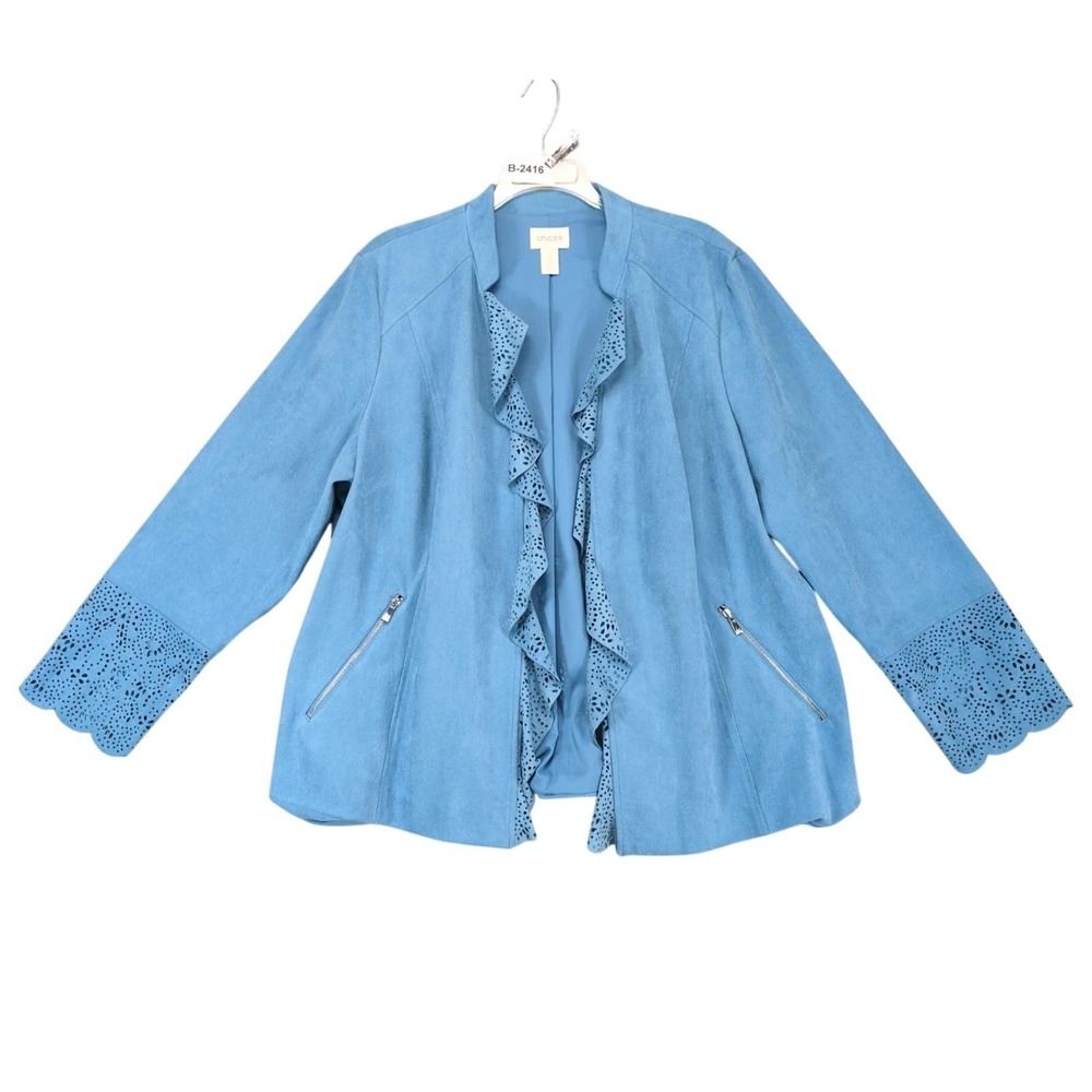 Chico's Blue Faux Suede Laser Cut Waterfall Open Jacket Sz 3= 16/XL Western Boho
